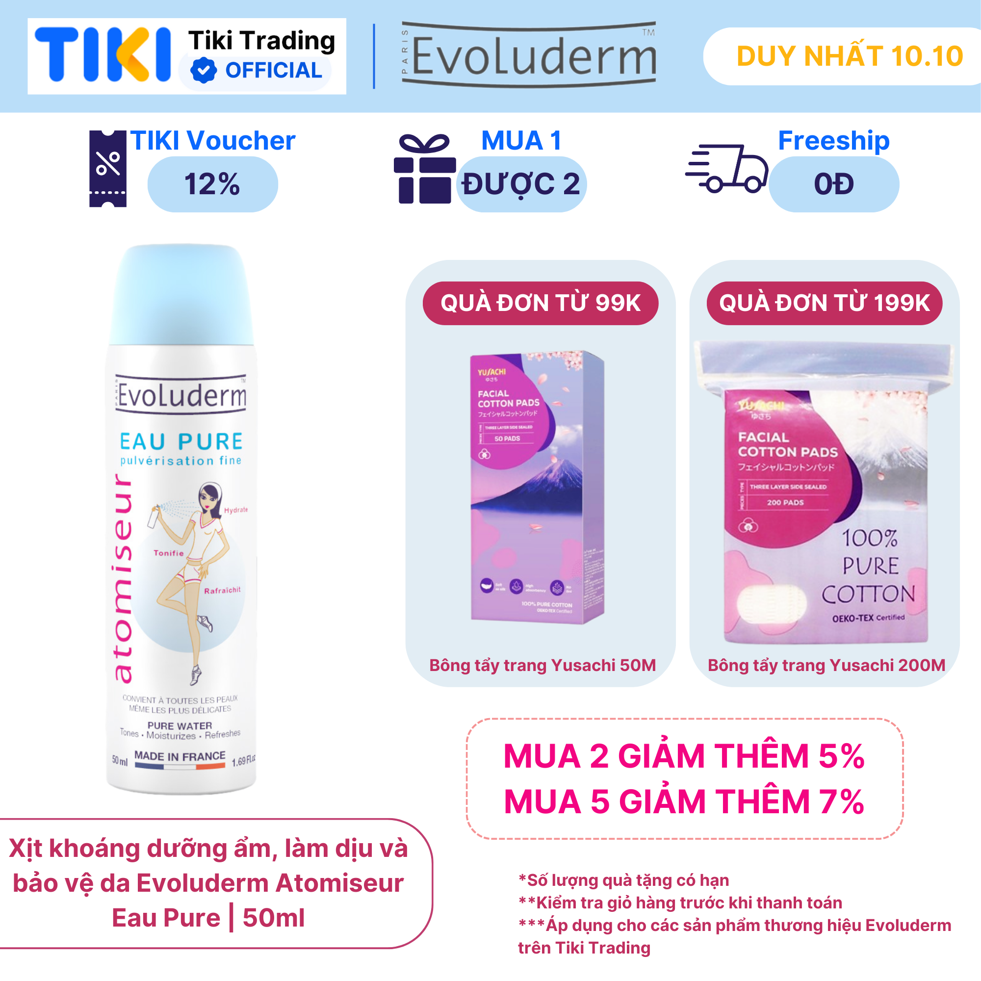 Xịt khoáng dưỡng ẩm, làm dịu và bảo vệ da Evoluderm Atomiseur Eau Pure
