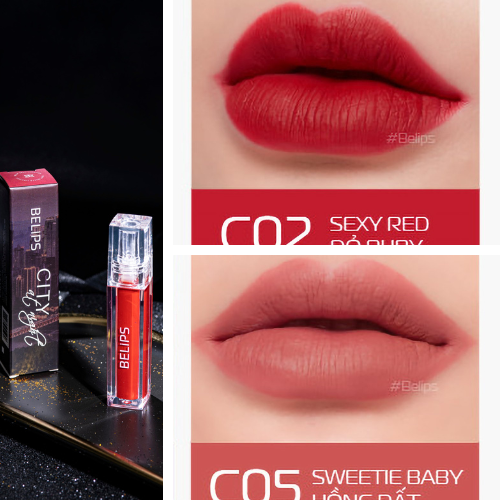 Combo son kem lì mỏng mịn mềm môi C02 Sexy Red + C05 Swettie Baby Belips City At Night