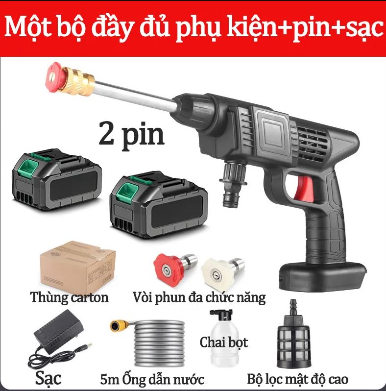 Máy Rửa Xe Xịt Rửa Cầm Tay Dùng Pin 48V Áp Lực Cao Phun Nước Đa Năng tặng bình tạo bọt