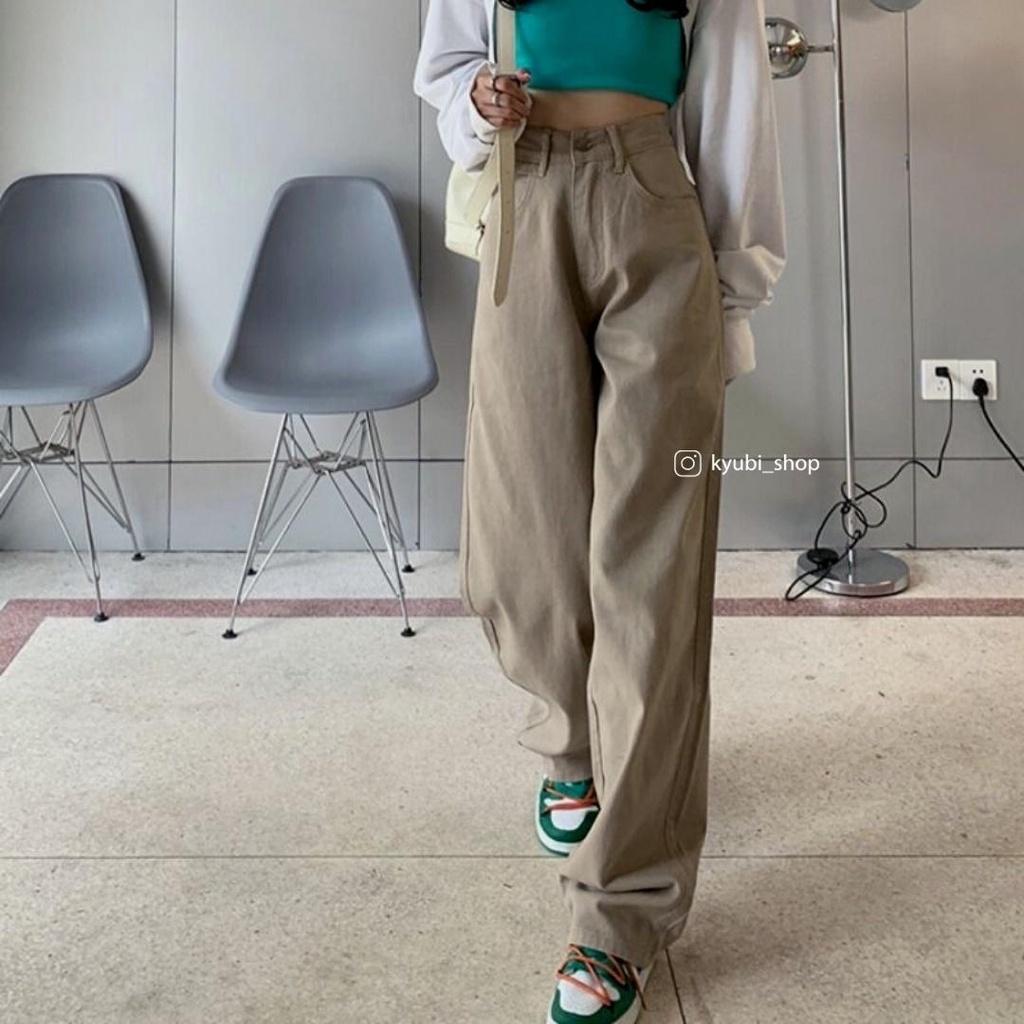 Quần jean kaki nữ ống suông ulzzang lưng cao màu nâu tây (có bigsize) - Quần jeans ống rộng 2 nút Kyubi NT2