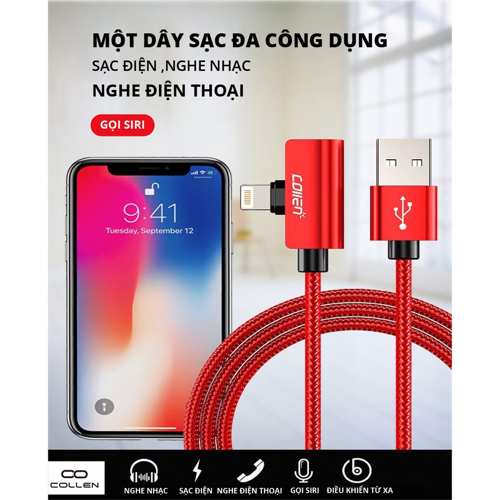 Cáp Sạc Nhanh Collen, Tích Hợp Tai Nghe Đầu Ngang Gaming, Chống Đứt, Chống Rối, dành cho iPhone XS max/iPhone 11/iPhone 11 Pro max, sạc nhanh 2A Max ( Màu ngẫu nhiên ) - Hàng chính hãng