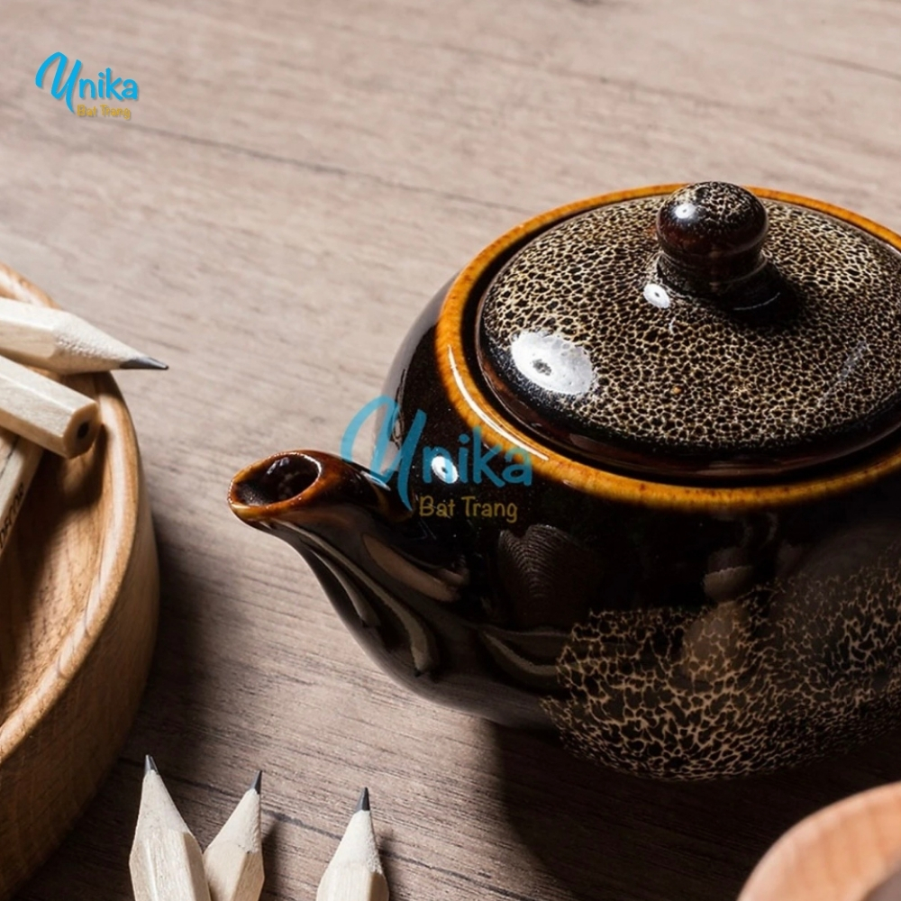 Ấm mắm dẹt men cánh gián - Lọ gia vị có vòi men bôi hỏa biến - ấm đựng nước chấm gốm Unika Bát Tràng