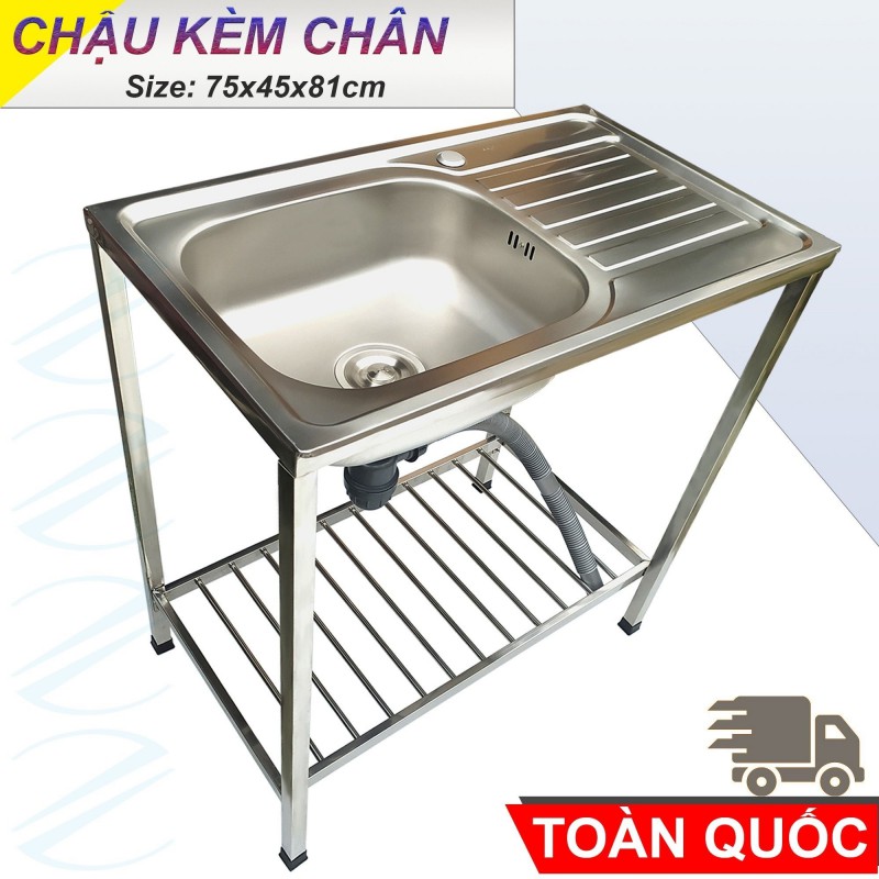 SUS304 Bộ Chậu Rửa Chén Bát Inox Có Chân Kazta Nhiều Kích Thước - Gồm Chậu, kệ chân, xi phông