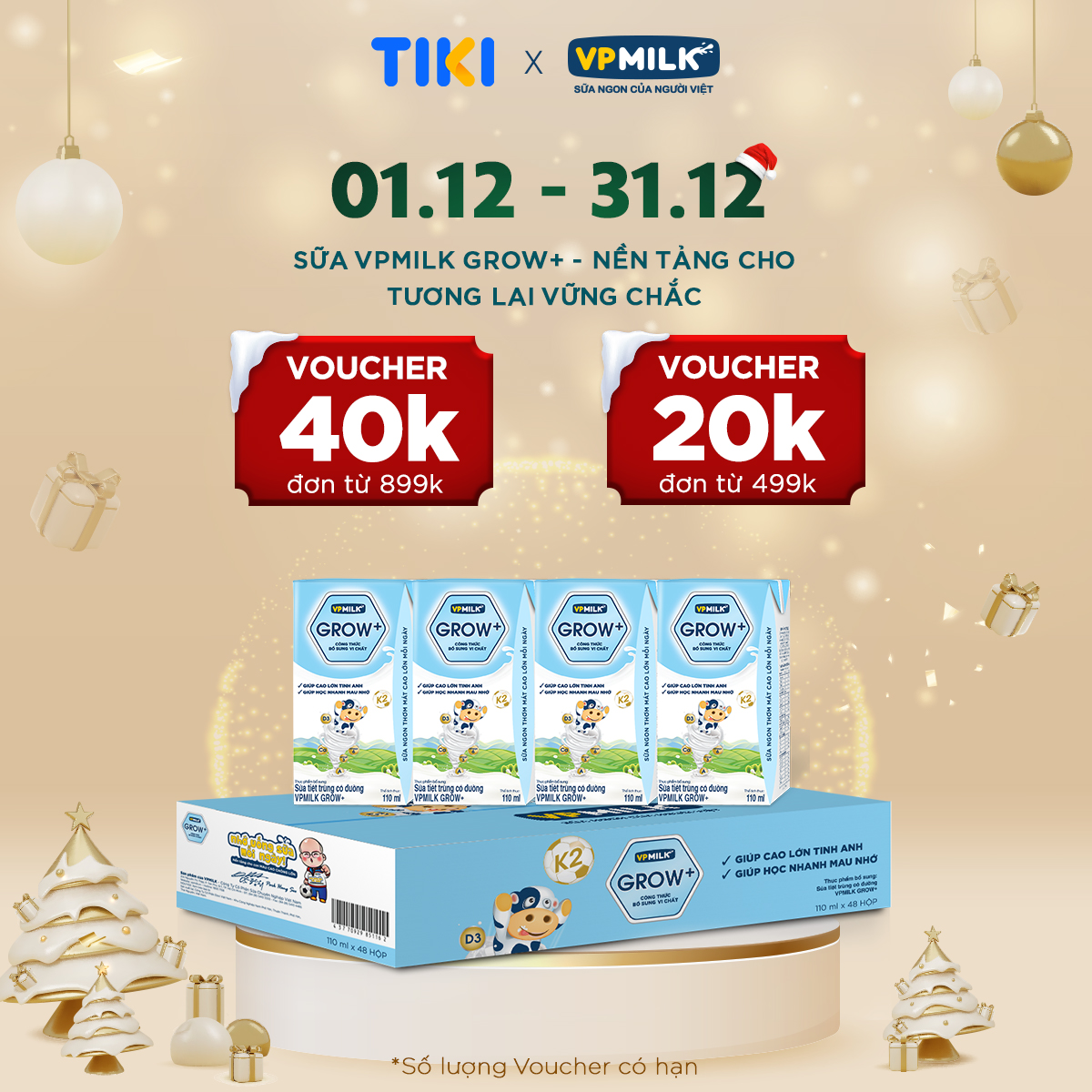 Sữa Tiệt Trùng Có Đường VPMilk Grow+ Hộp 110ml (Thùng 48 Hộp)