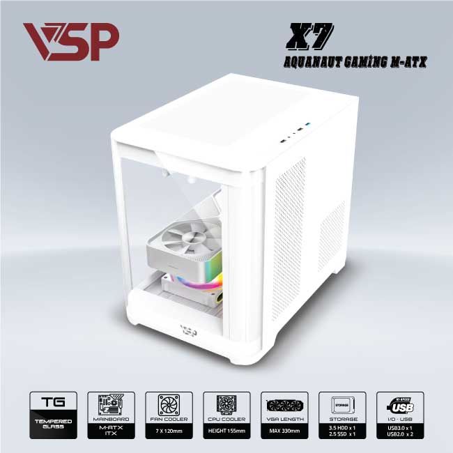 Vỏ máy tính Case VSP AQUANAUT PRO M-ATX Gaming X7 [TRẮNG] (M-ATX/ ITX) - Hàng chính hãng VSP phân phối