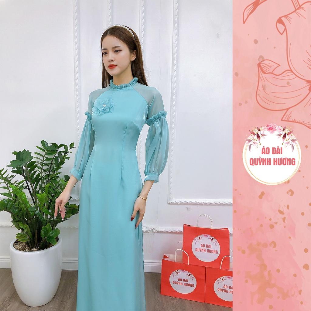 Áo dài xanh voan tơ Tay chun bồng cách điệu