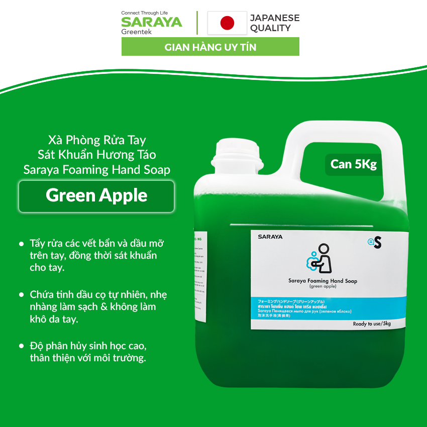 Xà Phòng Rửa Tay Sát Khuẩn SARAYA FOAMING HAND SOAP , Hương Táo, Không Làm Khô Da Tay - Can 5Kg