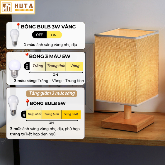 Đèn Ngủ HUTA Light For Life G3 Chao Vuông Độc Đáo Vingtage, Decor Trang Trí Phòng Ngủ, Điều Chỉnh Độ Sáng, Bóng Led Sáng Vàng Tiết Kiệm Điện