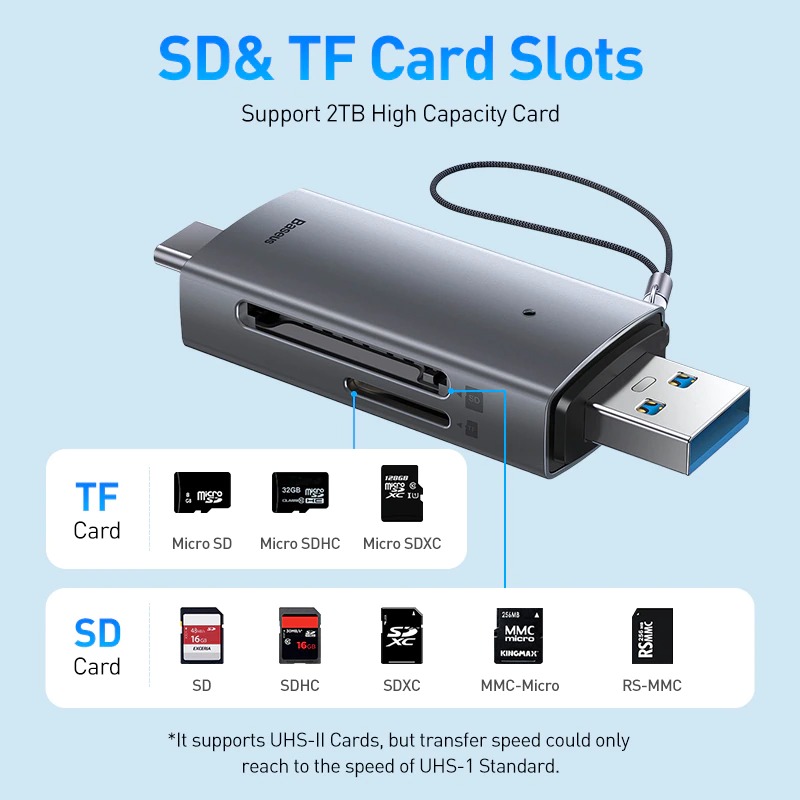 Đầu Đọc Thẻ Nhớ Đa Năng Tốc Độ Cao Baseus Lite Series USB-A & Type-C to SD/TF Card Reader Cho Smartphone/ Tablet/ Macbook/Laptop - Hàng Chính Hãng