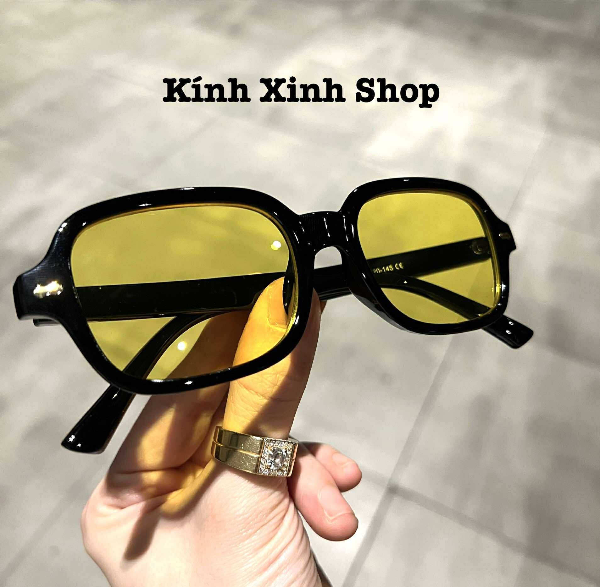 Kính râm màu vàng dáng chữ nhật gọng nhựa dáng dễ đeo không kén mặt cho nam nữ