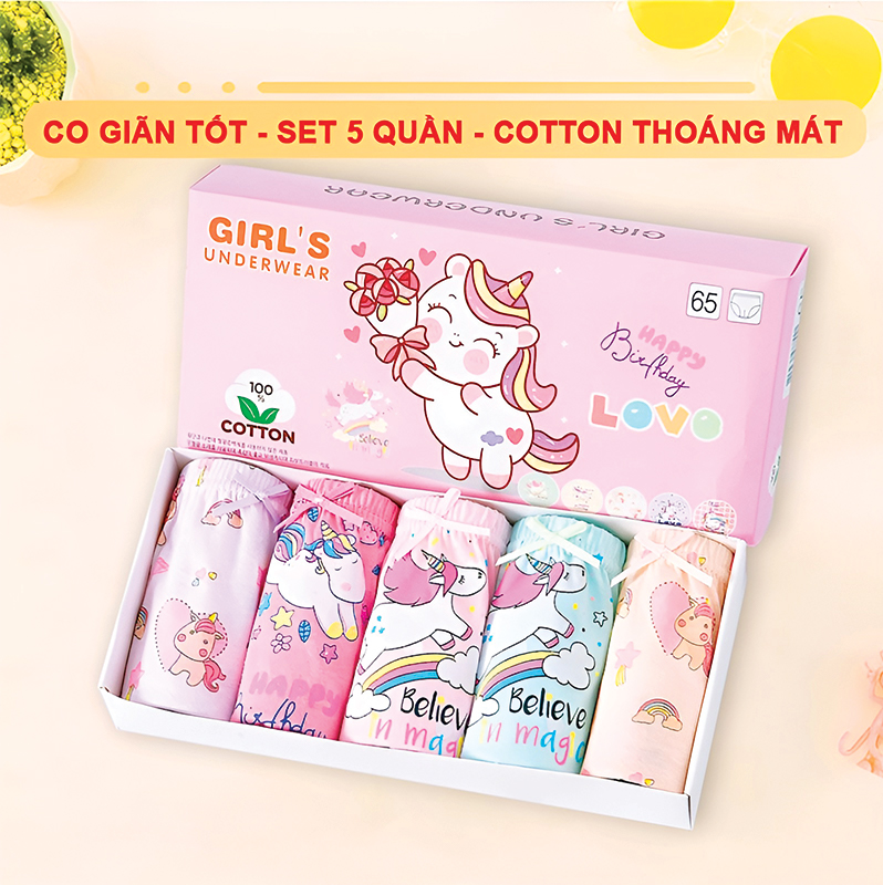 Set 5 quần chip kháng khuẩn cho bé gái, Hộp 5 quần lót cho bé gái 1-12 tuổi xuất Hàn cao cấp chất cotton Baby-S - SC024