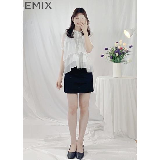 Áo sơ mi công sở bèo tầng EMIX , retro, dáng ngắn, cộc tay, form rộng, xếp bèo tầng, cổ tròn, chất tơ xịn A15