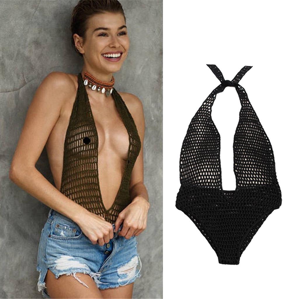 Fashion Women Ladies Black One Piece Crochet Knit Beach Bikini Monokini Swimwear Halter Deep V-neck Beachwear
