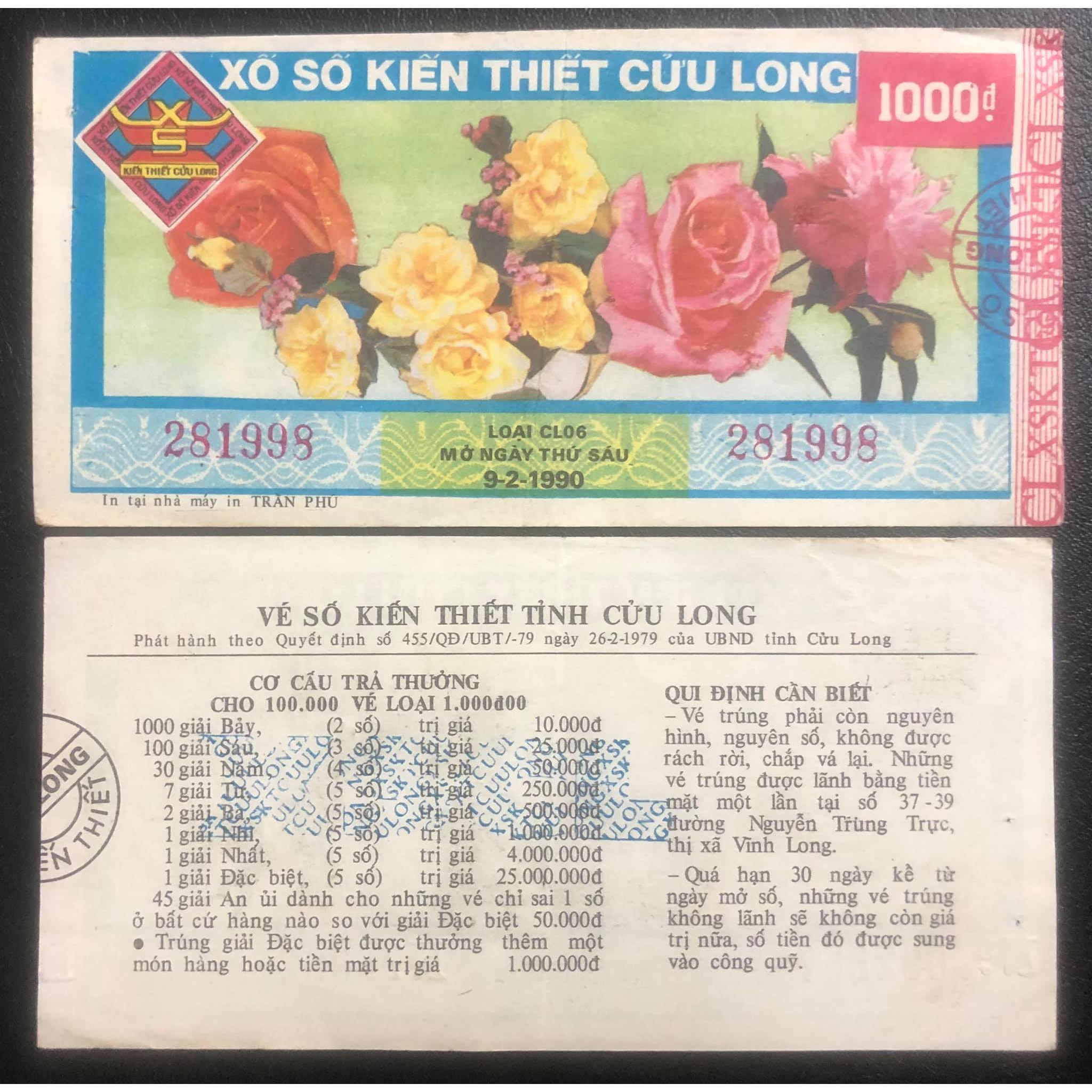 Vé số xưa tỉnh Cửu Long 199x sưu tầm