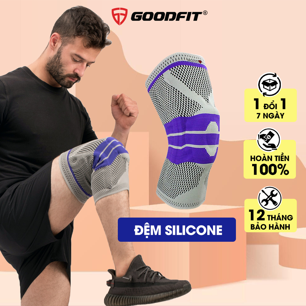 Bó gối thể thao, băng đầu gối đệm silicone, co giãn 4 chiều, thanh trợ lực lò xo GoodFit GF513K