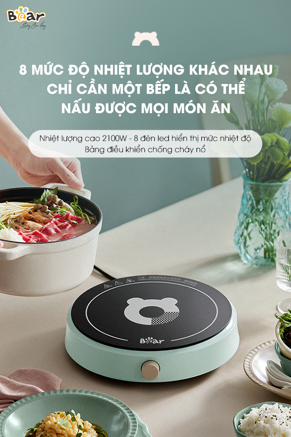 Bếp Điện Từ Bear Đa Năng 8 Mức Nhiệt Thích Hợp Đa Số Các Loại Nồi Mặt Bếp Làm Từ Gốm Thủy Tinh Cao Cấp SB-BT21W - Hàng Chính Hãng