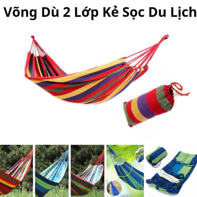 Võng Dù Kẻ Sọc Du Lịch 2 Lớp Dày Dặn, Chịu Lực Cao . Kèm Túi (Giao Mẫu Ngẫu Nhiên)