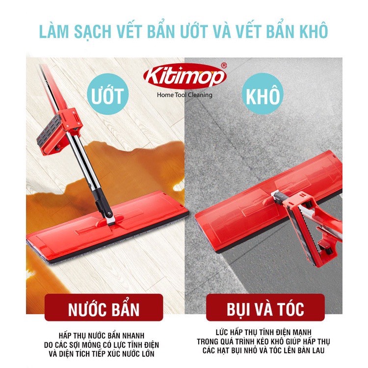 Cây lau nhà tự vắt thông minh chổi lau nhà 360 độ, kèm 2 miếng lau Kitimop-RED, vắt kiệt nước dễ dàng, cầm nhẹ tay, chổi lau nhà thông minh