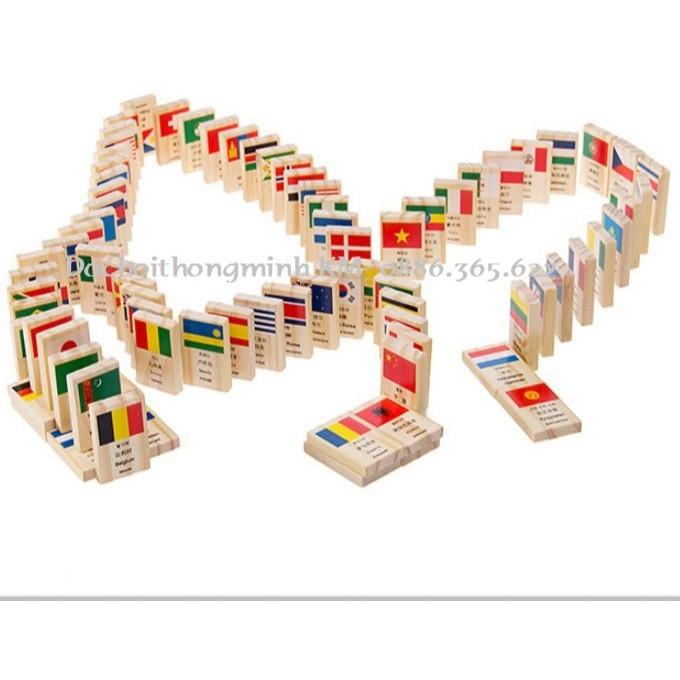 Bộ Domino 100 cờ (quốc kỳ) bằng gỗ 4 thứ tiếng