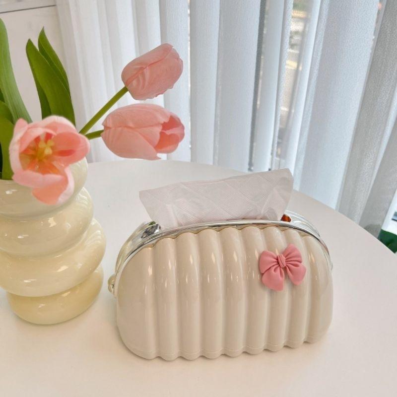 [KoSuyTu] Hộp Đựng Giấy Ăn Vỏ Sò Cao Cấp Kèm Nơ Hồng ABS Kem 24x14x12cm Lò Xo Tiện Dụng Hiện Đại