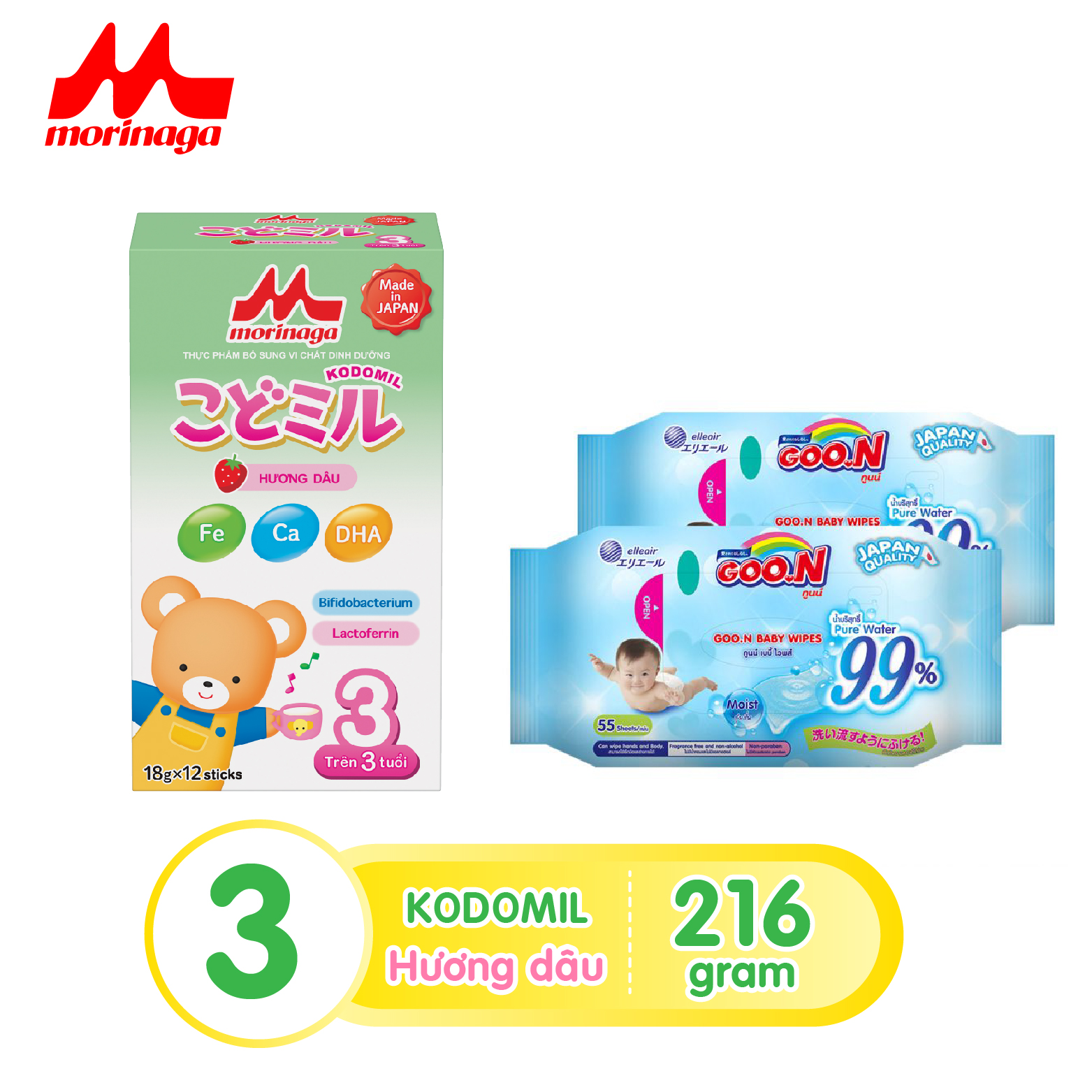 Sữa Morinaga số 3 Kodomil 216g cho bé từ 3 tuổi hương dâu + tặng 2 gói khăn ướt Goo.N