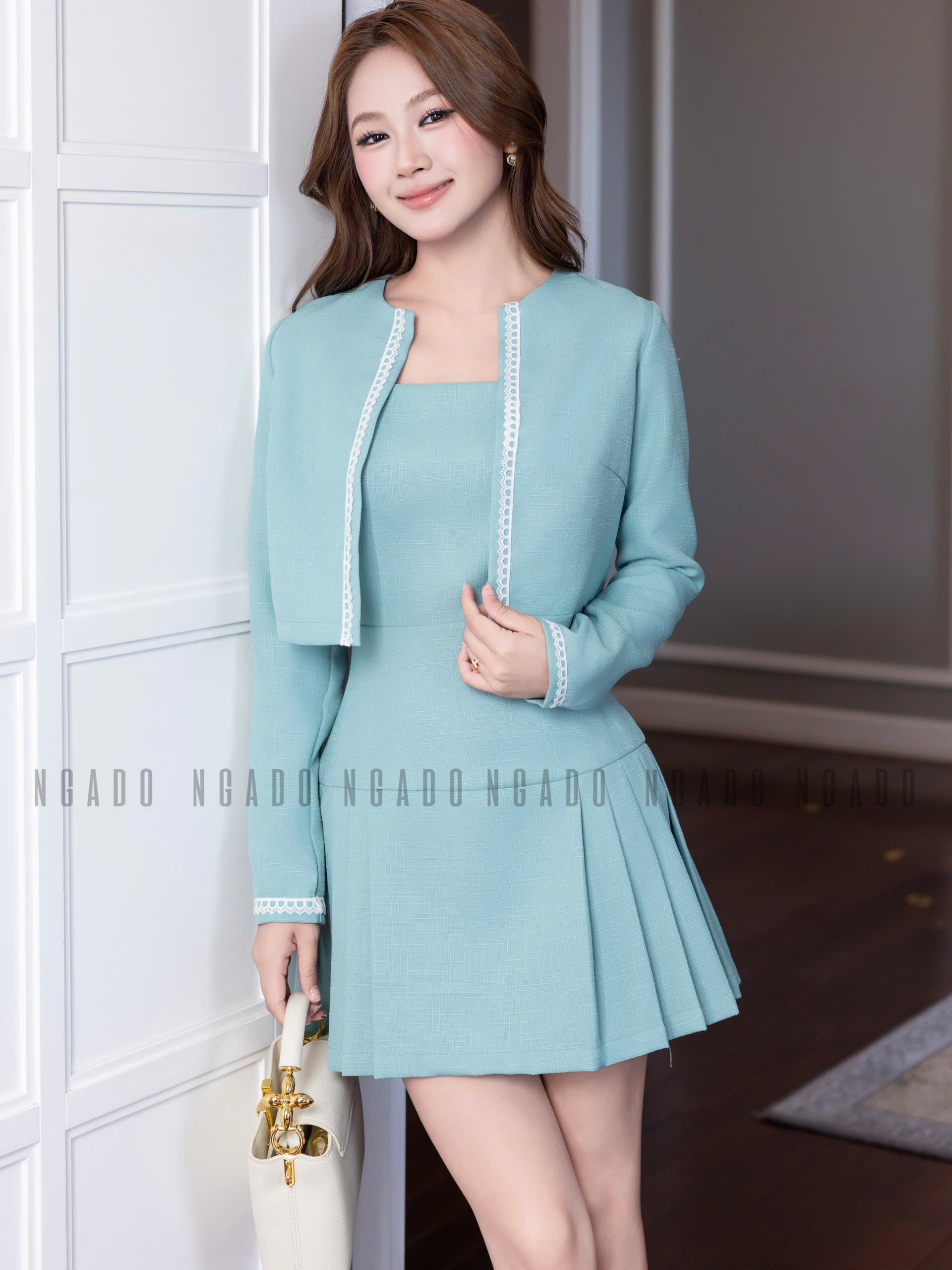 Set áo váy xanh mint dài tay NGADO , set áo váy , set dự tiệc , công sở