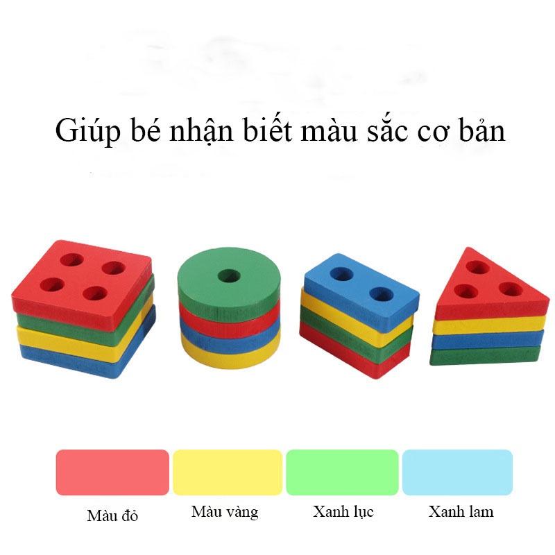 Thả Trụ Montessori Đồ Chơi Gỗ Thả Hình 4 Trụ Vuông Tròn Tam Giác Chữ Nhật Cho Bé