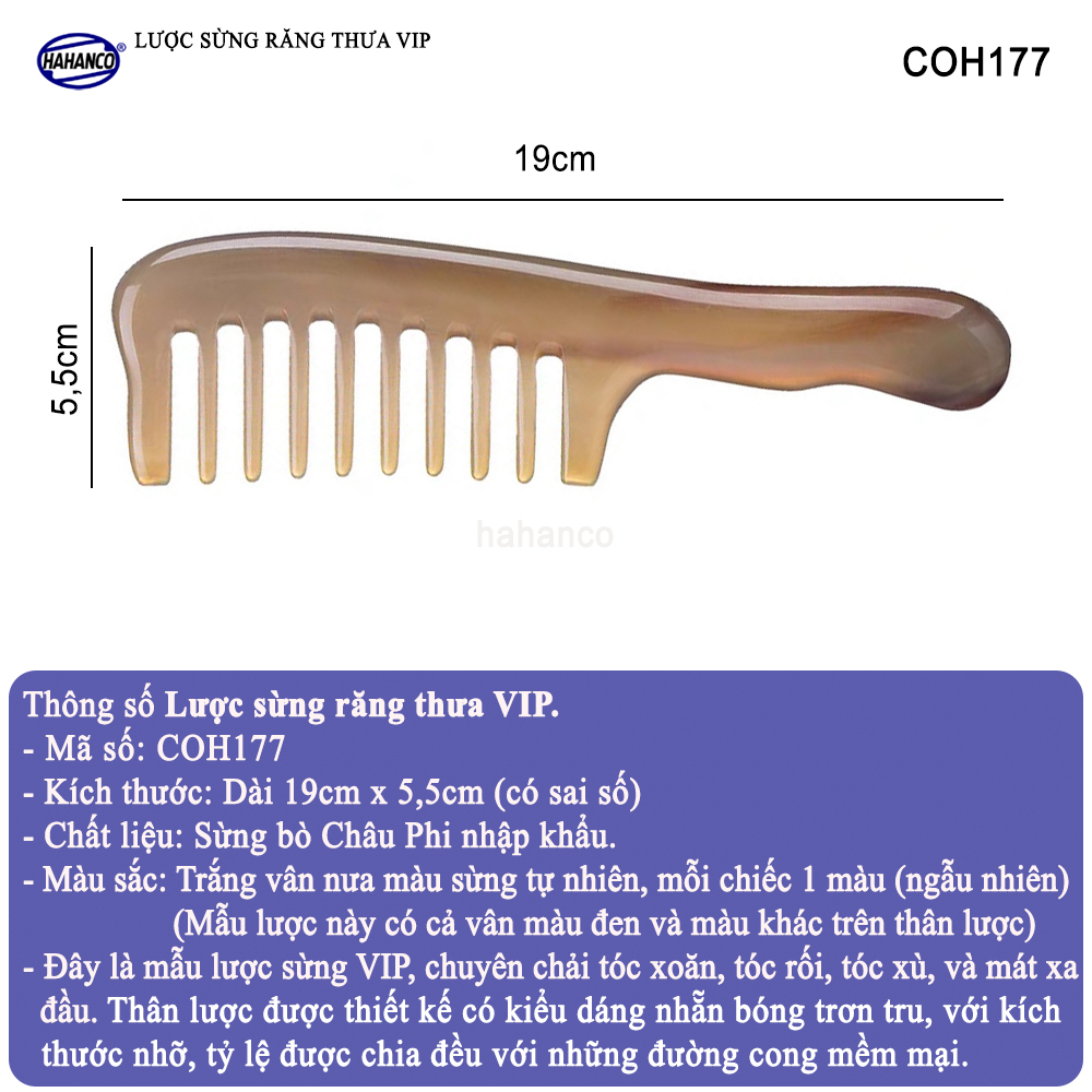 Lược sừng răng thưa xuất Nhật hàng VIP (Size: XL - 19cm) COH177 - Cho tất cả các loại tóc /xoăn /xù /rối - Chăm sóc tóc