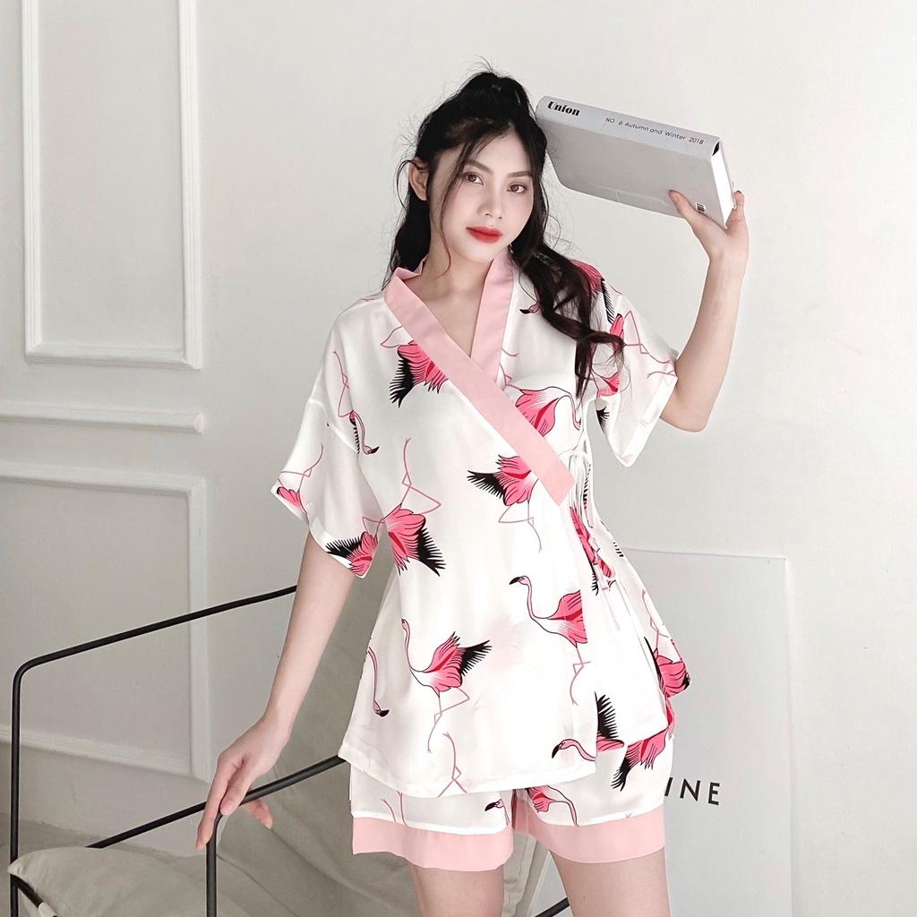 Bộ Kimono Nữ Họa Tiết Cộc Tay Set Ngủ Nữ Ngắn Tay Dây Buộc Eo 4 Màu