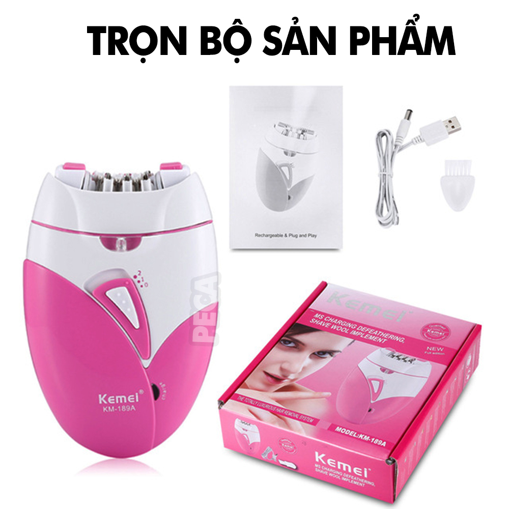 Máy tẩy lông Kemei KM-189A tẩy và nhổ lông toàn thân, cạo lông tay chân, tẩy sạch lông vùng bikini sử dụng pin sạc chuyên nghiệp điều chỉnh 2 mức tốc độ