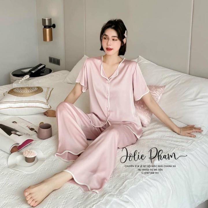 Pijama cộc dài viền đen lượn sóng cao cấp, Bộ mặc nhà pijama viền sóng lụa latin cao cấp cực mềm mịn mát không nhăn