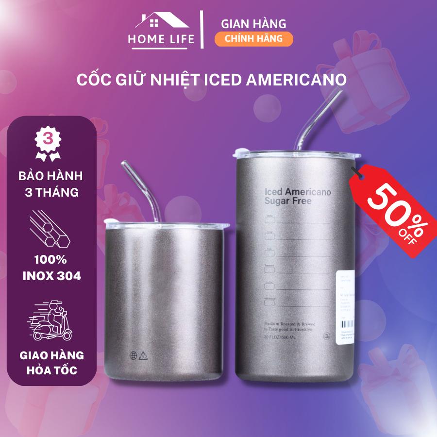 Cốc Giữ Nhiệt Iced Americano Có Ống Hút Dung Tích 600ml/ 360ml, Bình Giữ Nhiệt Inox 304 Cao Cấp, Ly Giữ Nhiệt 6-8 Tiếng