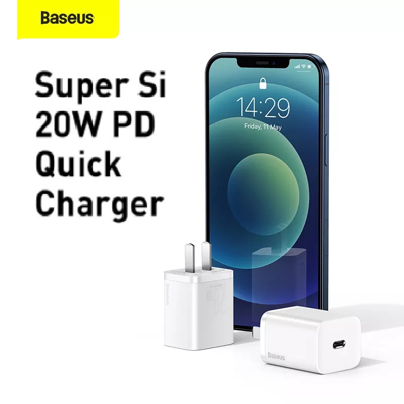 Bộ cốc cáp sạc nhanh Baseus 20W Si cho IP12, Củ sạc nhanh IP12 Baseus 20W Super Si Mini USB C hỗ trợ sạc nhanh QC3.0 PD - Hàng chính hãng