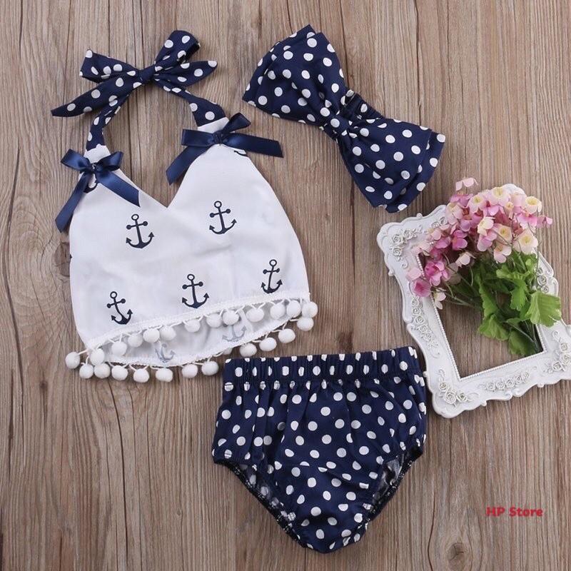 Bộ Áo Quần 1-3 Tuổi Tặng Băng Đô Turban Đồ Bơi Chấm Bi Dễ Thương Bé Gái Nhập Khẩu