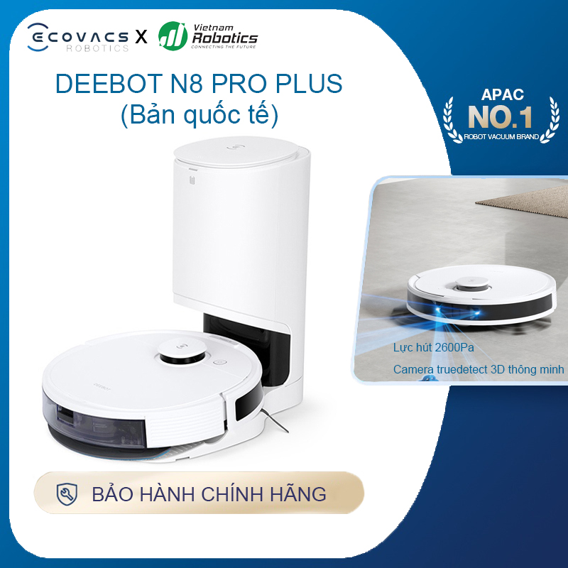 Robot hút bụi lau nhà Ecovacs Deebot N8 Pro Plus - Trắng Bản Quốc tế - App Tiếng Việt, hàng nhập khẩu chính hãng full VAT, bảo hành chính hãng 24 tháng bởi Vietnam Robotics, lực hút 2600Pa, thời gian hoạt động 3 giờ liên tục