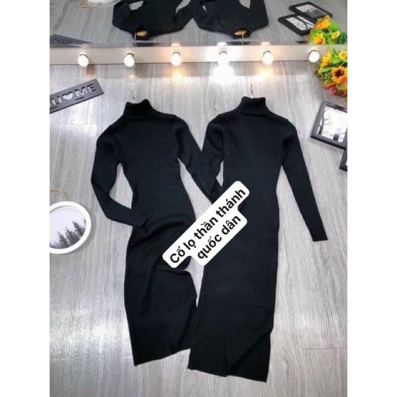 Váy body len tăm nữ cao cổ dáng dài thời trang - Đầm body len tăm cổ lọ dáng dài 1m1
