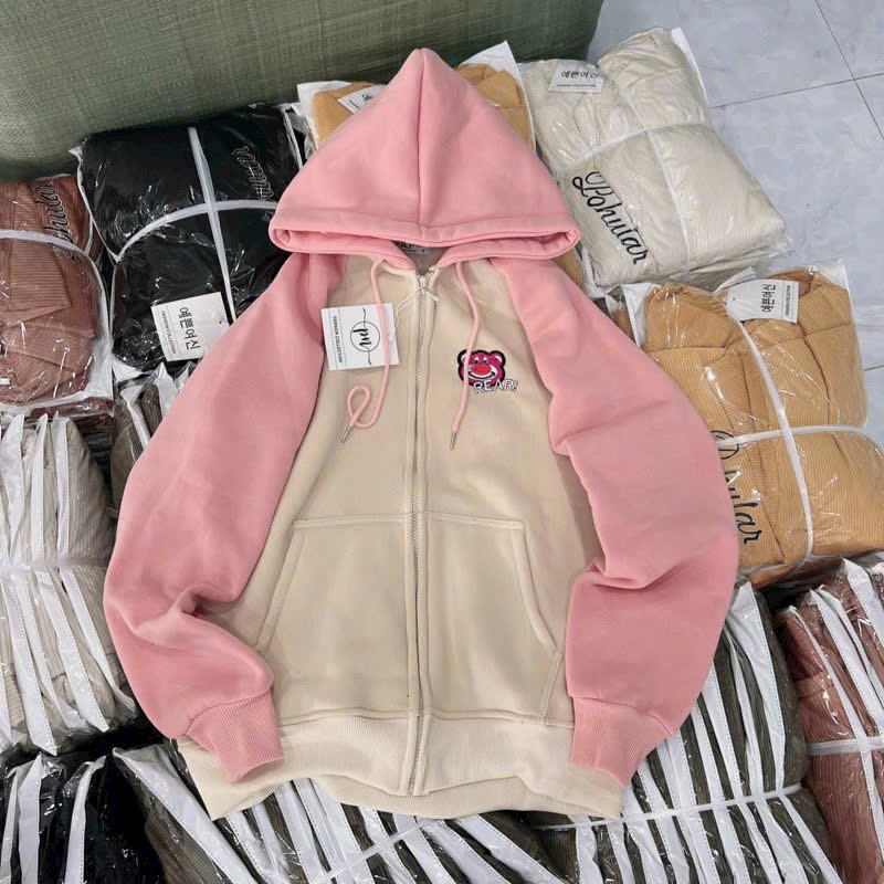 Áo Khoác Hoodie Dây Kéo Nam Nữ Thêu Hình GẤU DÂU REAR Phối Màu Chất Nỉ Cao Cấp Mẫu Mới Siêu Dễ Thương, áo khoác chống nắng