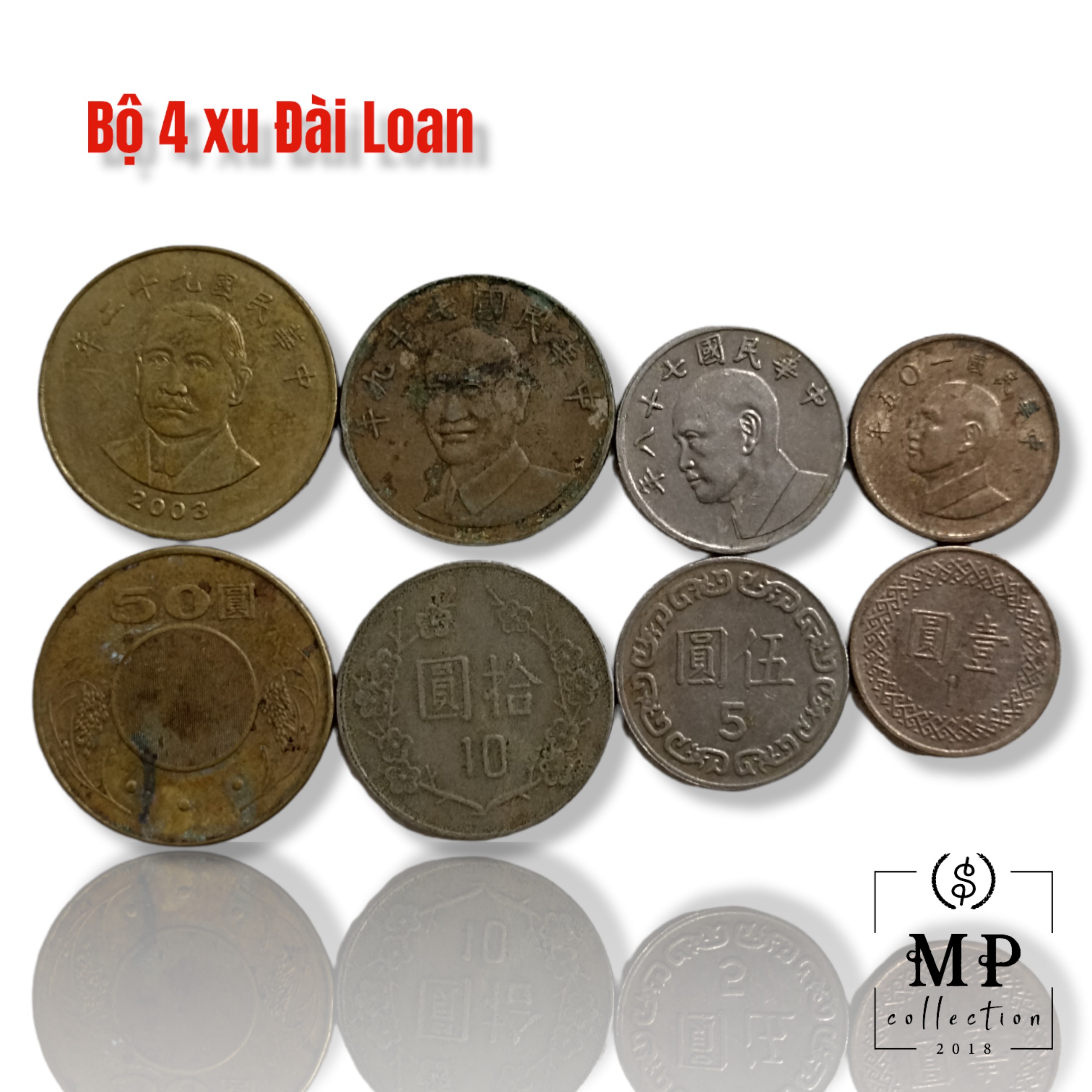 Bộ 4 xu Đài Loan Sưu tầm mẹnh giá 1 5 10 50 Yuan các năm khác nhau.