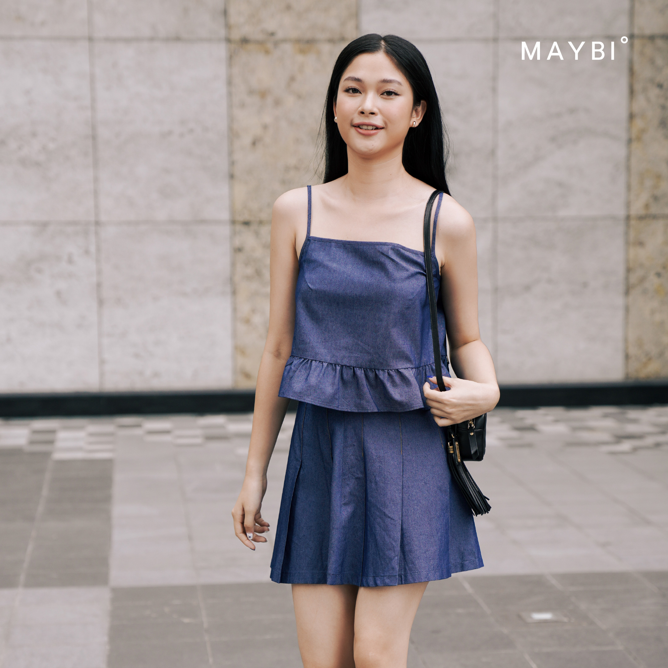 MAYBI - Áo 2 dây phối bèo Denim Xanh Đậm Frilled Hem Dark Denim Camisole