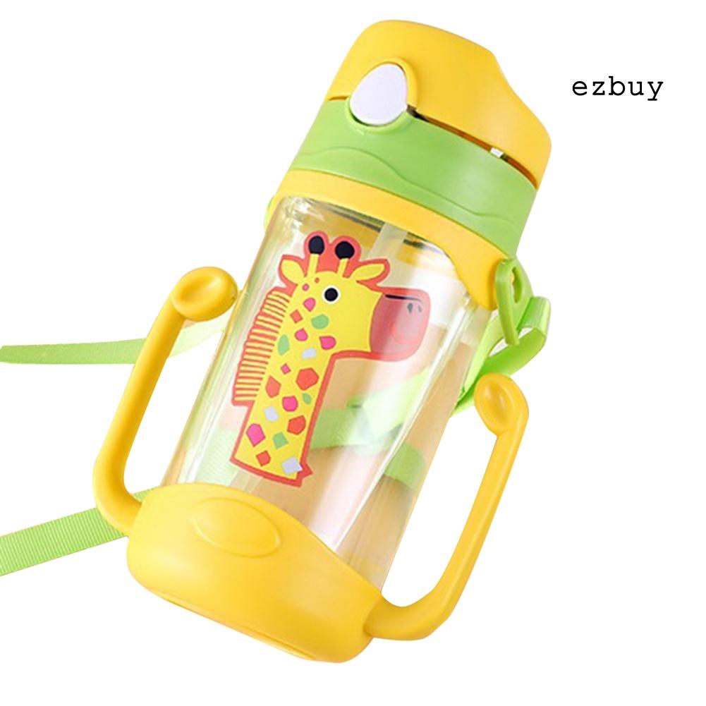 Bình nước 400ml chống rò rỉ họa tiết hoạt hình có ống hút và dây đeo cho bé
