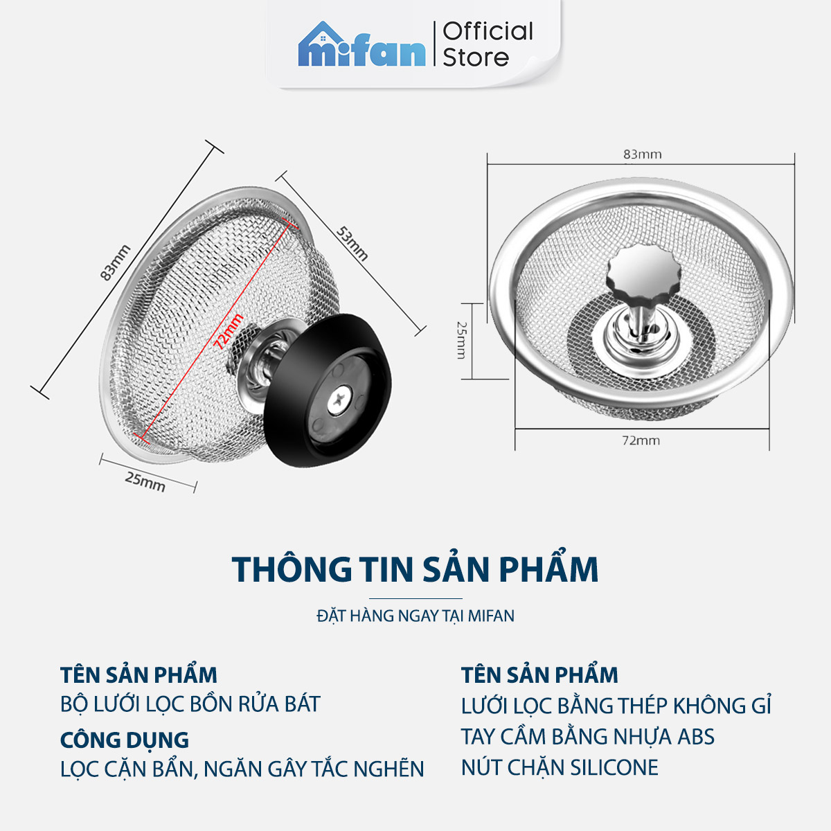 Lưới lọc rác bồn rửa chén thông minh Mifan - Thép không gỉ, nhựa ABS cao cấp - Lưới nhỏ ngăn cặn thức ăn thừa hiệu quả 