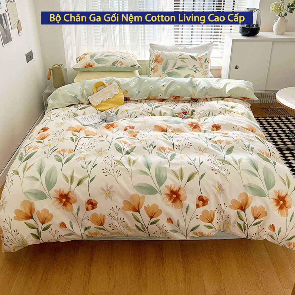 Bộ Ga Giường 5 Món Chăn Ga Gối Nệm Cotton Living ANNA NGUYÊN Cao Cấp Chuẩn Khách Sạn 5 Sao Bộ Chăn Ga Ra Drap Gối Nệm Đệm Trải Giường 4 Món Dễ Thương Cute