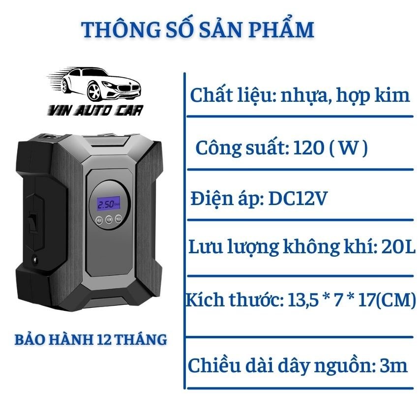 Bơm Lốp Ô Tô Mini 12v Tự Ngắt Đồng Hồ Điện Tử Hiển Thị Áp Suất Lốp