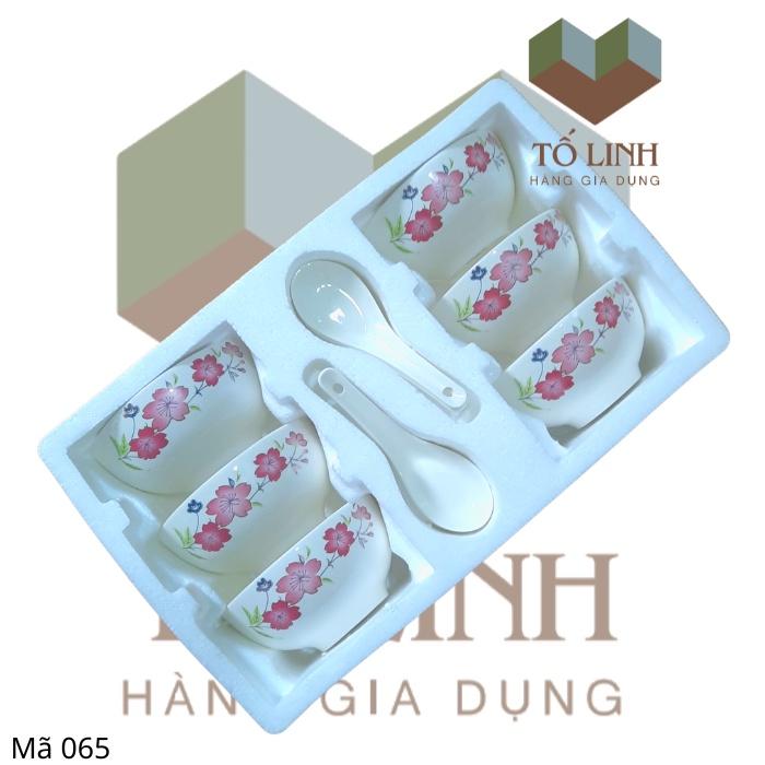 Hộp 6 Chén 6 Muỗng Sứ Hoa Và Sứ Trắng,Combo Bộ 6 Chén 6 Muỗng Sứ Hoa Và Sứ Trắng