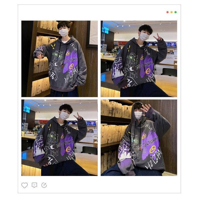 Áo Hoodie Nam Nữ Tay Dài Mũ Nón Dáng Rộng In Hình Cá Tính Phong Cách Thu Đông