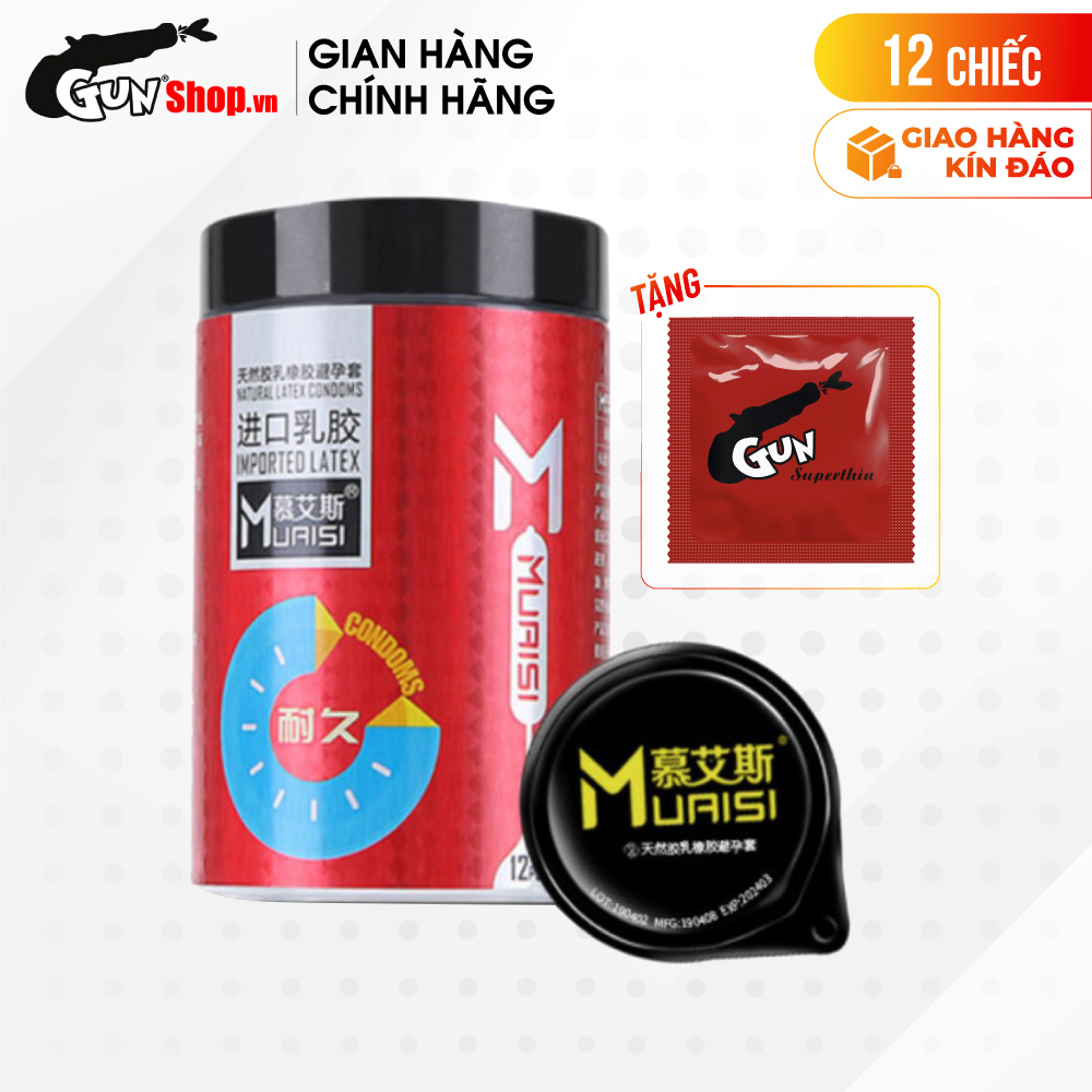 [Hộp 12 cái] Bao cao su Muaisi Imported Latex Red - Kéo dài thời gian kèm 1 chiếc BCS Gun Super Thin