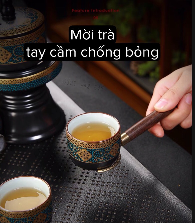 Bộ ấm chén uống trà đẹp sang trọng cối xay Tử sa gốm sứ cao cấp,phong cách pha trà đạo cổ xưa độc lạ 19 chi tiết hoa cẩm vần cổ lòng chén trắng