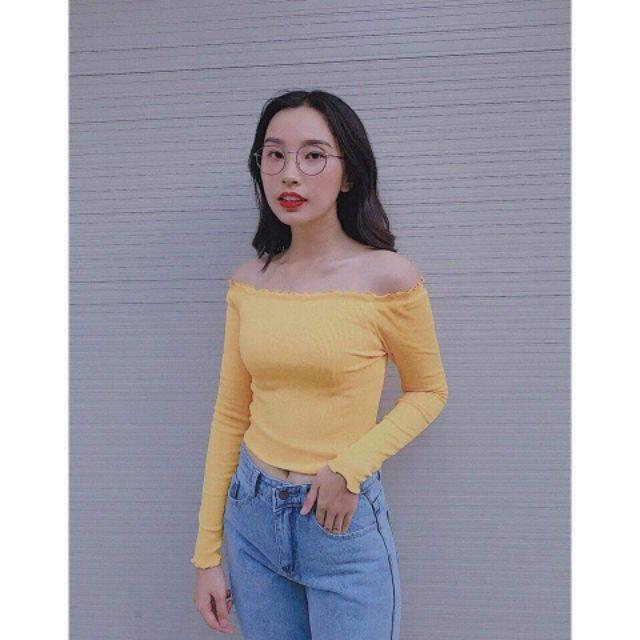 Áo bẹt vai cuốn biên tay dài