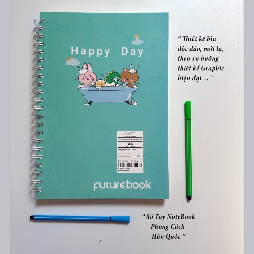 Sổ Lò Xo HAPPY DAY- Dòng Kẻ Ngang - Khổ A4- Mã SP: LM413 - Phong cách Hàn Quốc- VPP FUTUREBOOK.