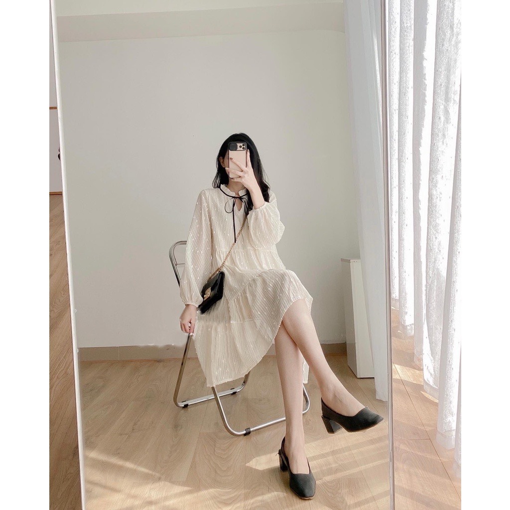 Váy babydoll voan hạt bông nơ Đầm xòe tay bồng đính hạt